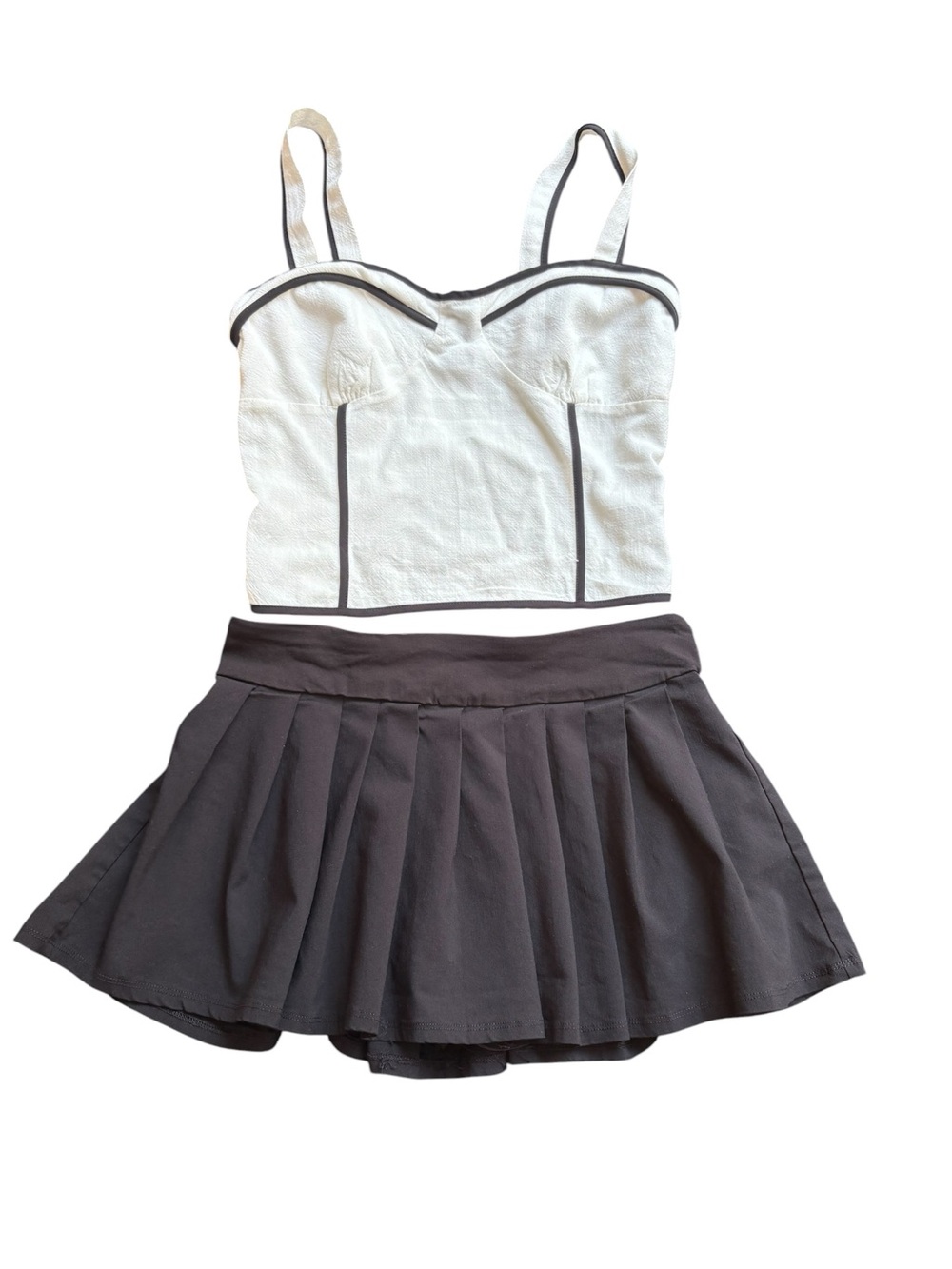 White Cropped Bustier with Black Trim & Charcoal Pleated Mini Skirt
